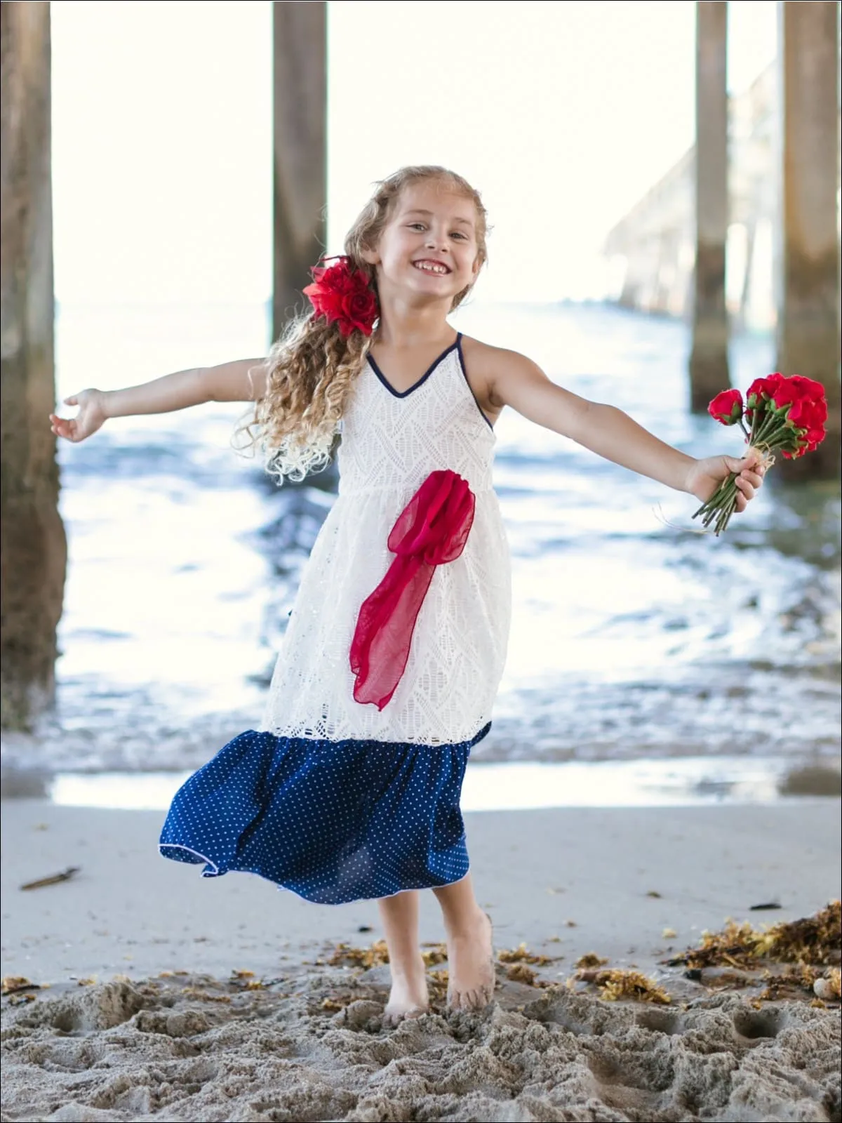 Girls Ivory Crochet Lace Dress with Navy Dotted Ruffle Hem