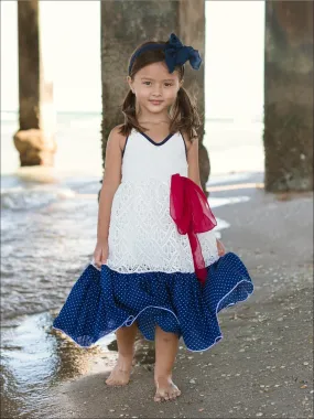 Girls Ivory Crochet Lace Dress with Navy Dotted Ruffle Hem