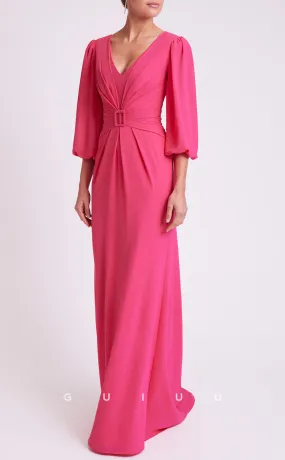 GM263 - Sheath V Neck 34 Length Sleeves Pleated Long Cocktail Dress with Train