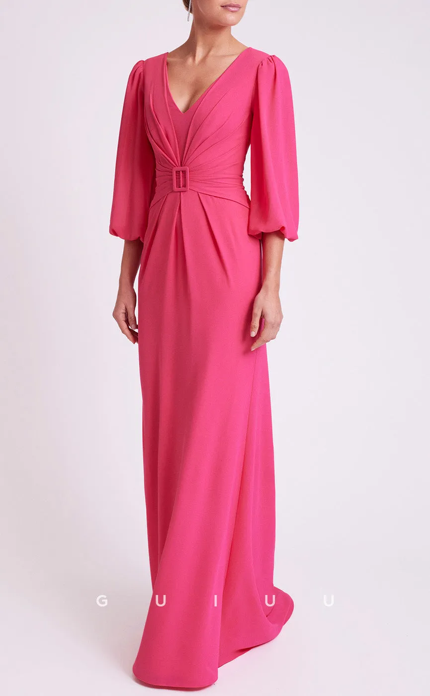 GM263 - Sheath V Neck 34 Length Sleeves Pleated Long Cocktail Dress with Train