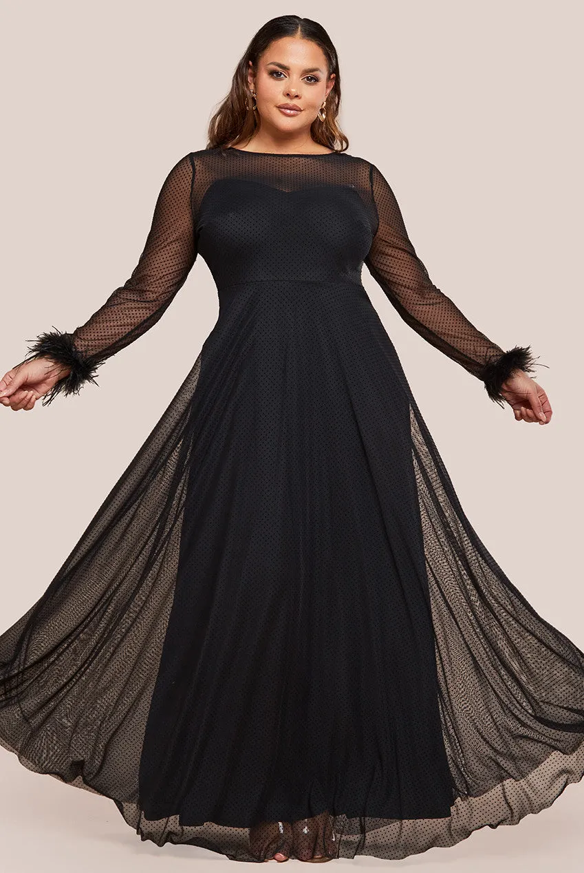 Goddiva Plus Dobby Mesh Feather Sleeve Hem Maxi Dress - Black