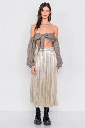 Gold Metallic Pleated Chic Midi Skirt