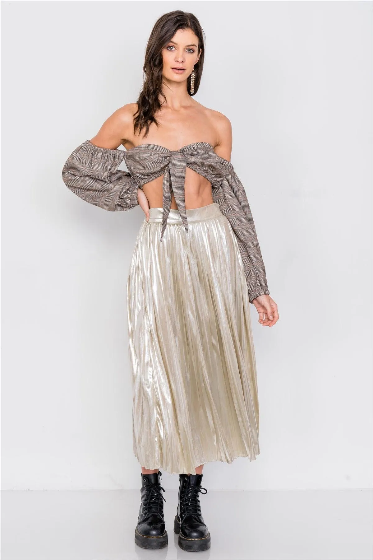 Gold Metallic Pleated Chic Midi Skirt