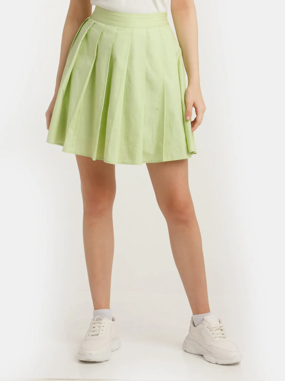 Green Solid Pleated Skirt