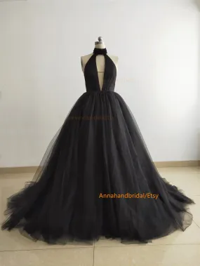 Halter Black Tulle Prom Dress/Bridal Dress