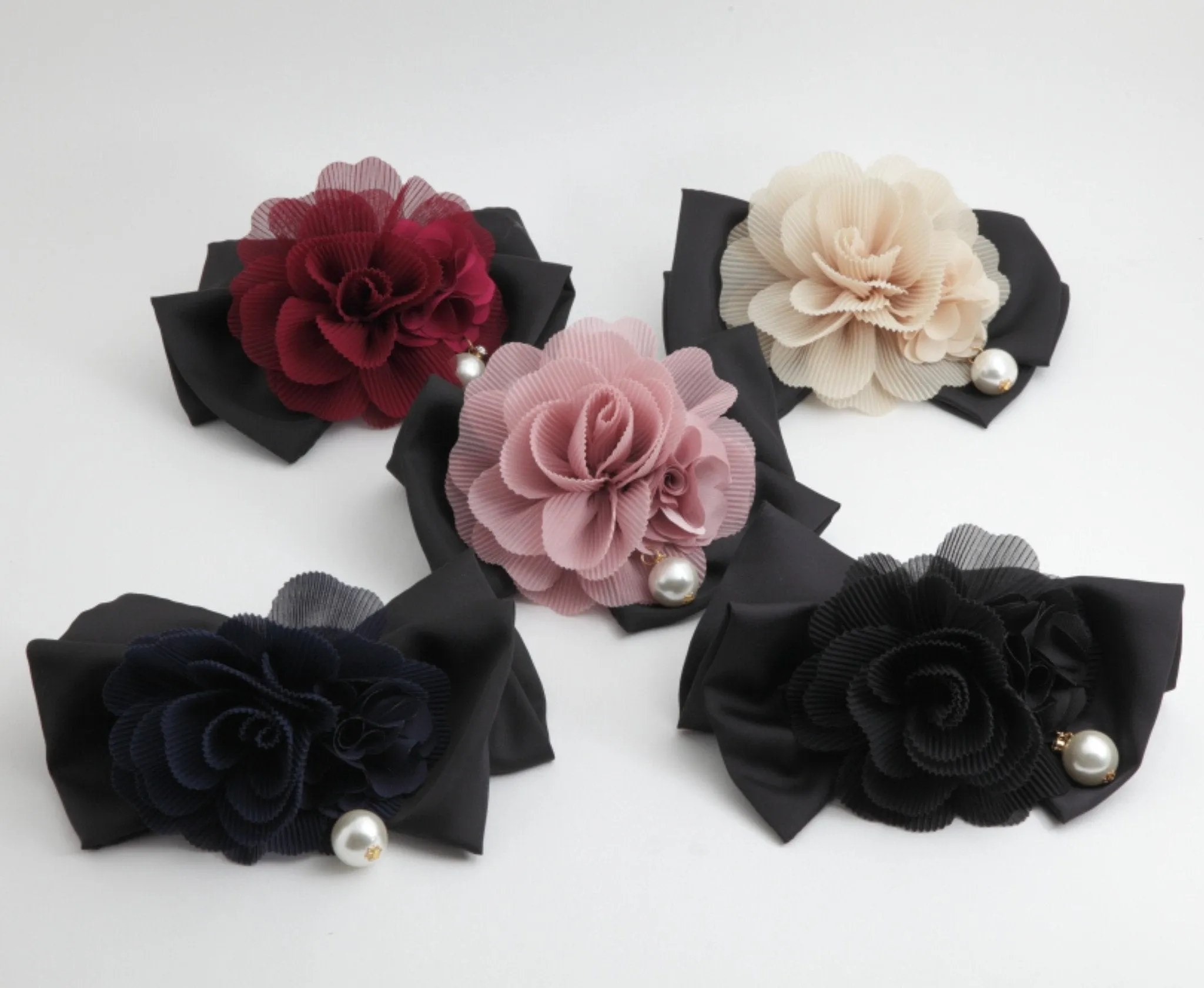 Handmade Chiffon Pleated Flower Black Bow French Hair Barrettes