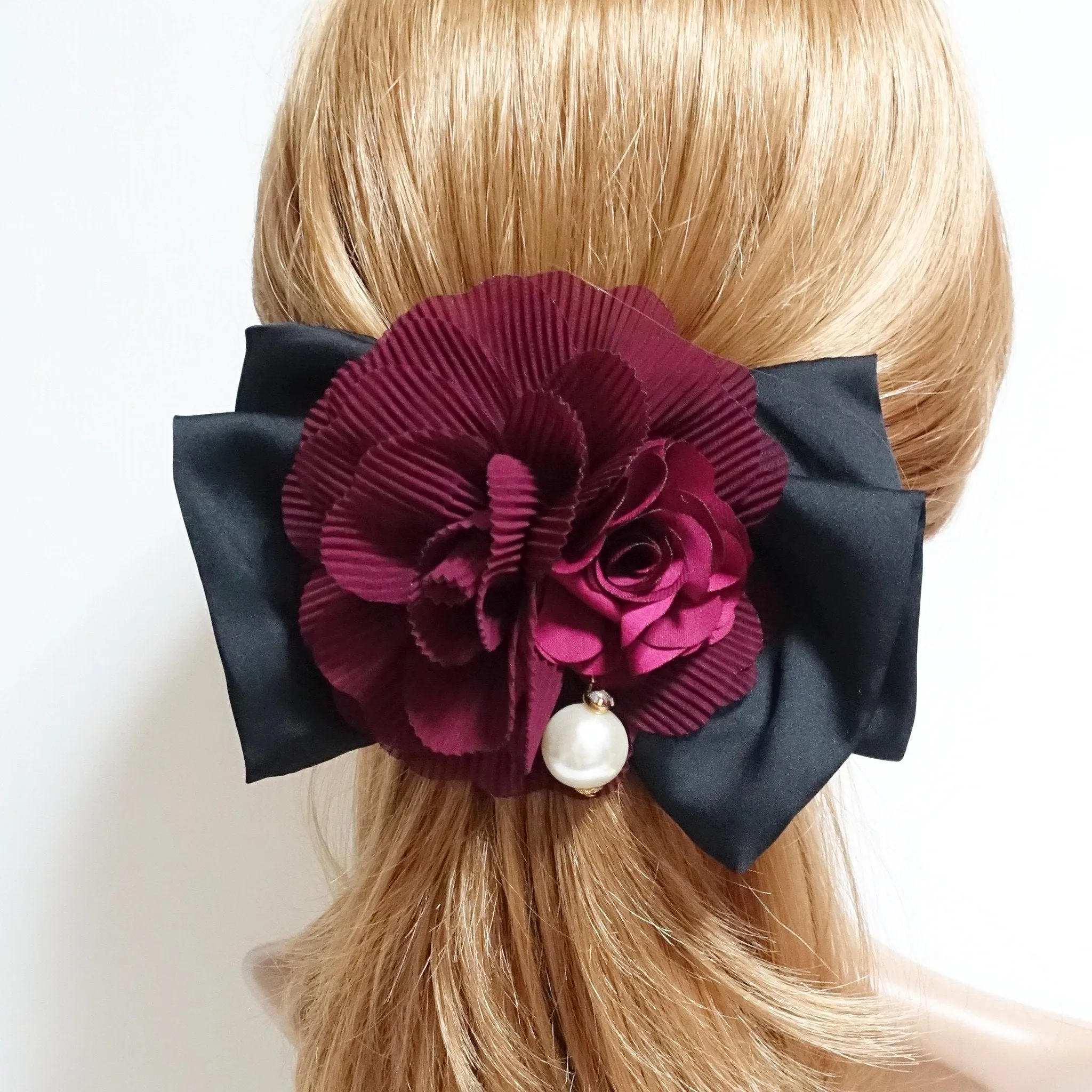 Handmade Chiffon Pleated Flower Black Bow French Hair Barrettes