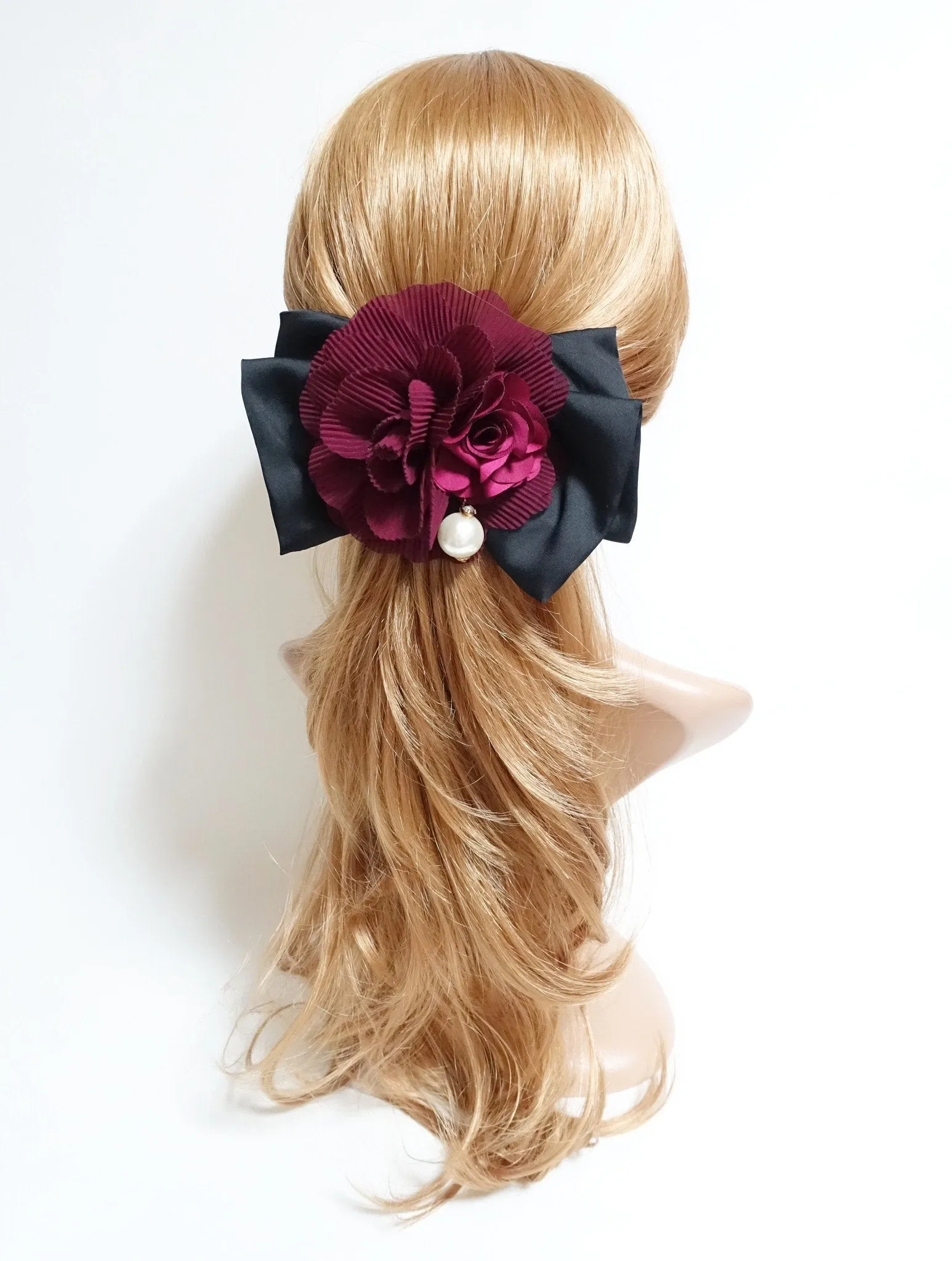 Handmade Chiffon Pleated Flower Black Bow French Hair Barrettes