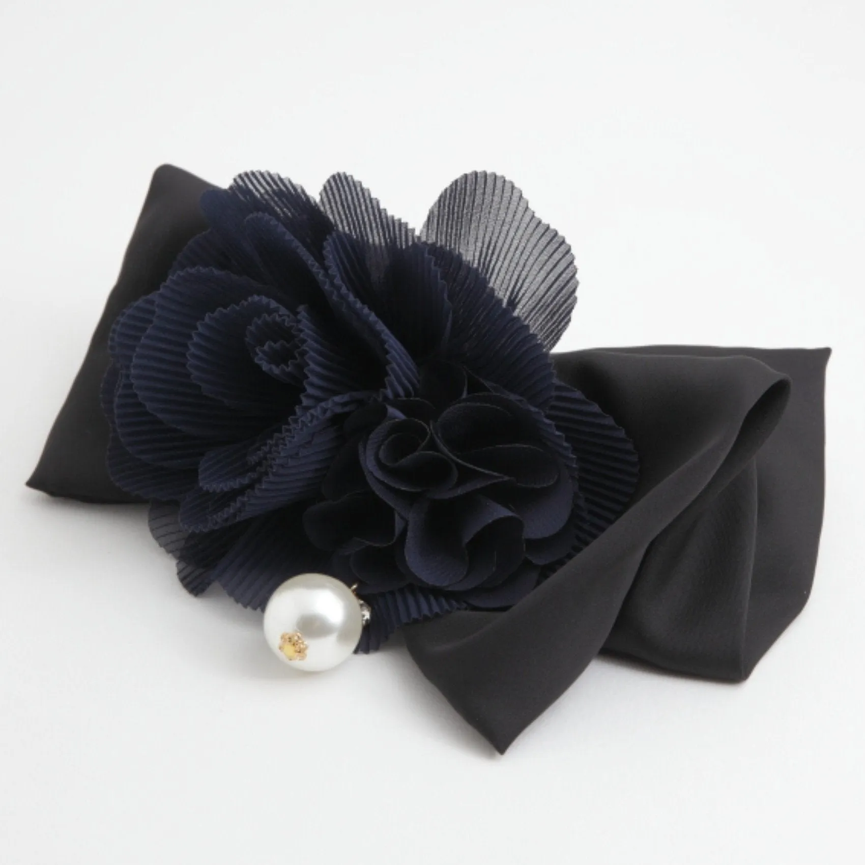 Handmade Chiffon Pleated Flower Black Bow French Hair Barrettes