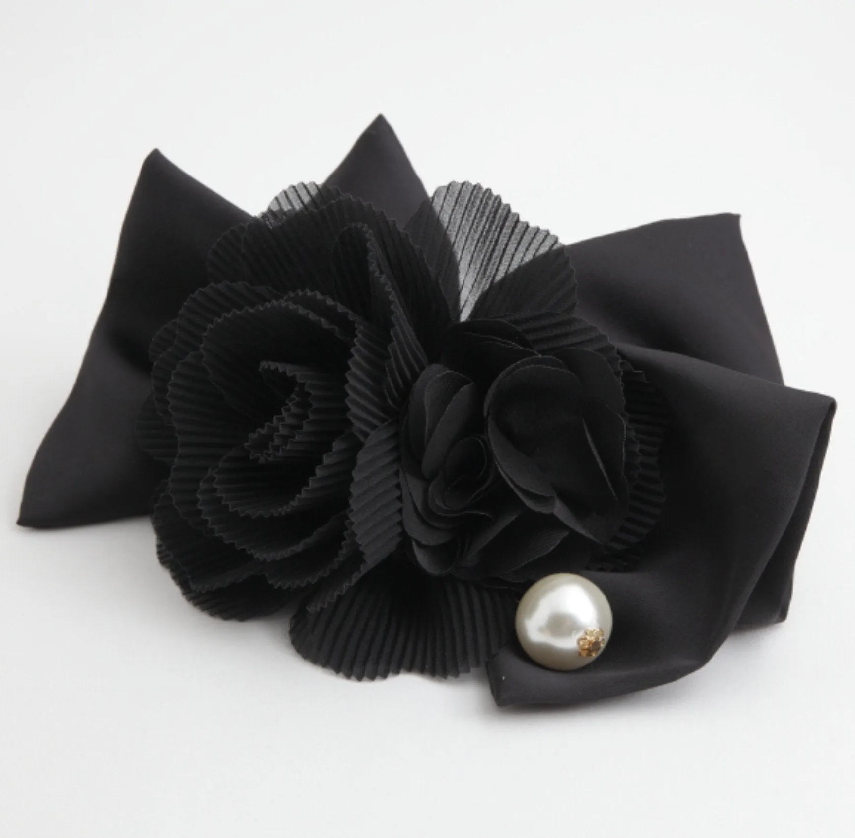 Handmade Chiffon Pleated Flower Black Bow French Hair Barrettes