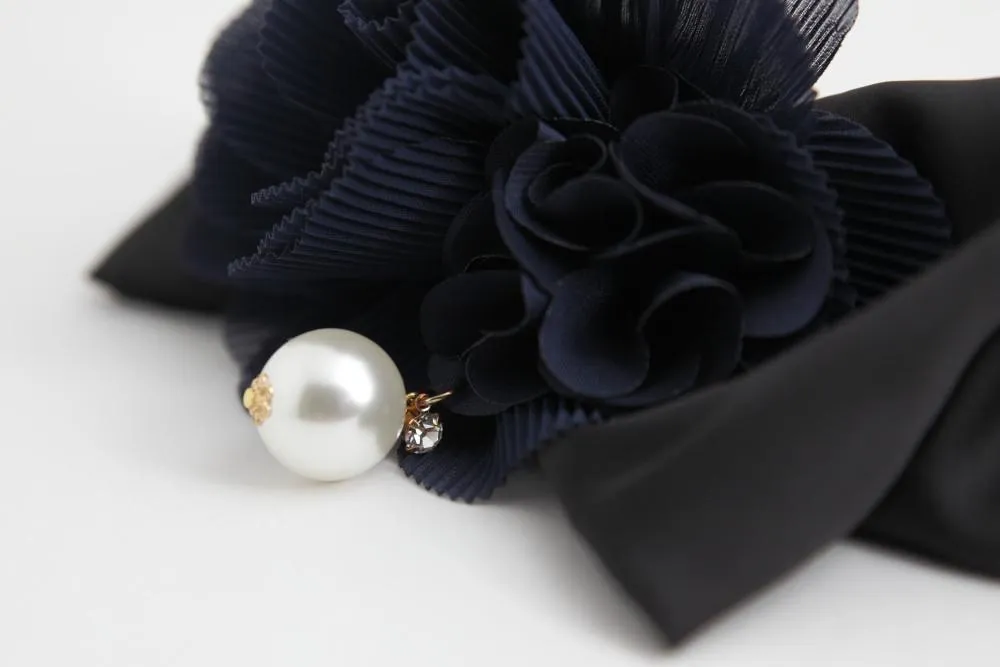 Handmade Chiffon Pleated Flower Black Bow French Hair Barrettes