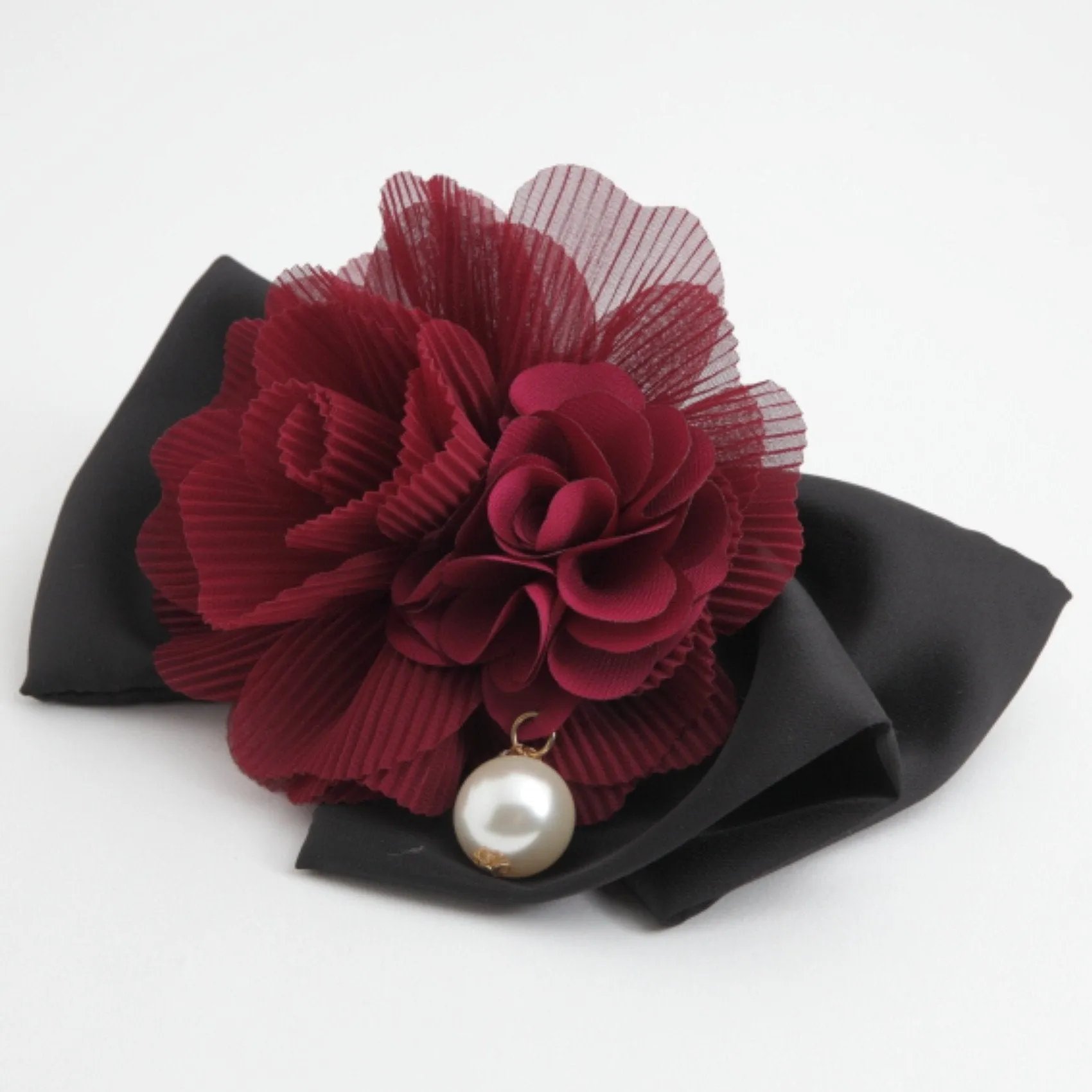 Handmade Chiffon Pleated Flower Black Bow French Hair Barrettes