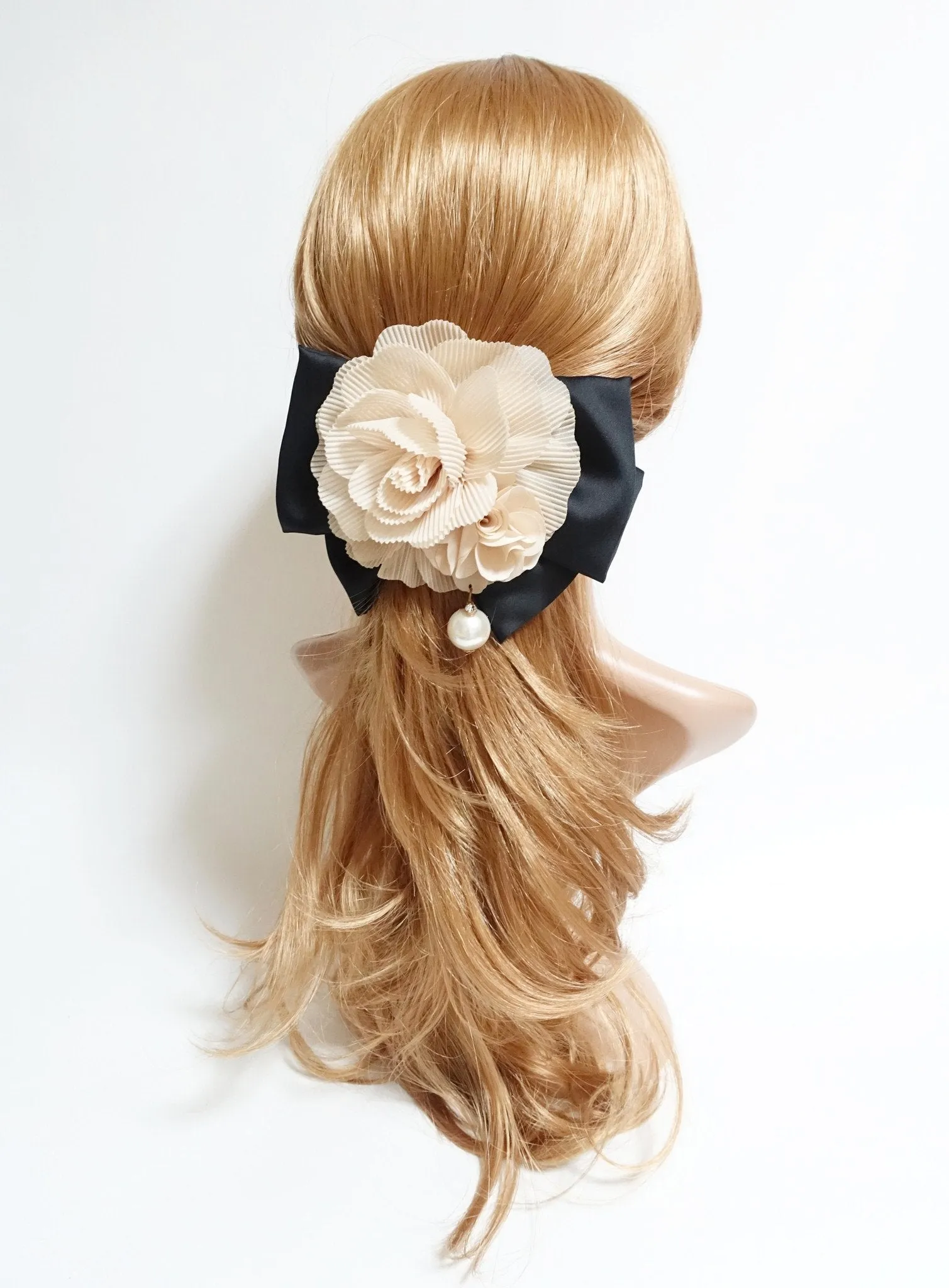 Handmade Chiffon Pleated Flower Black Bow French Hair Barrettes