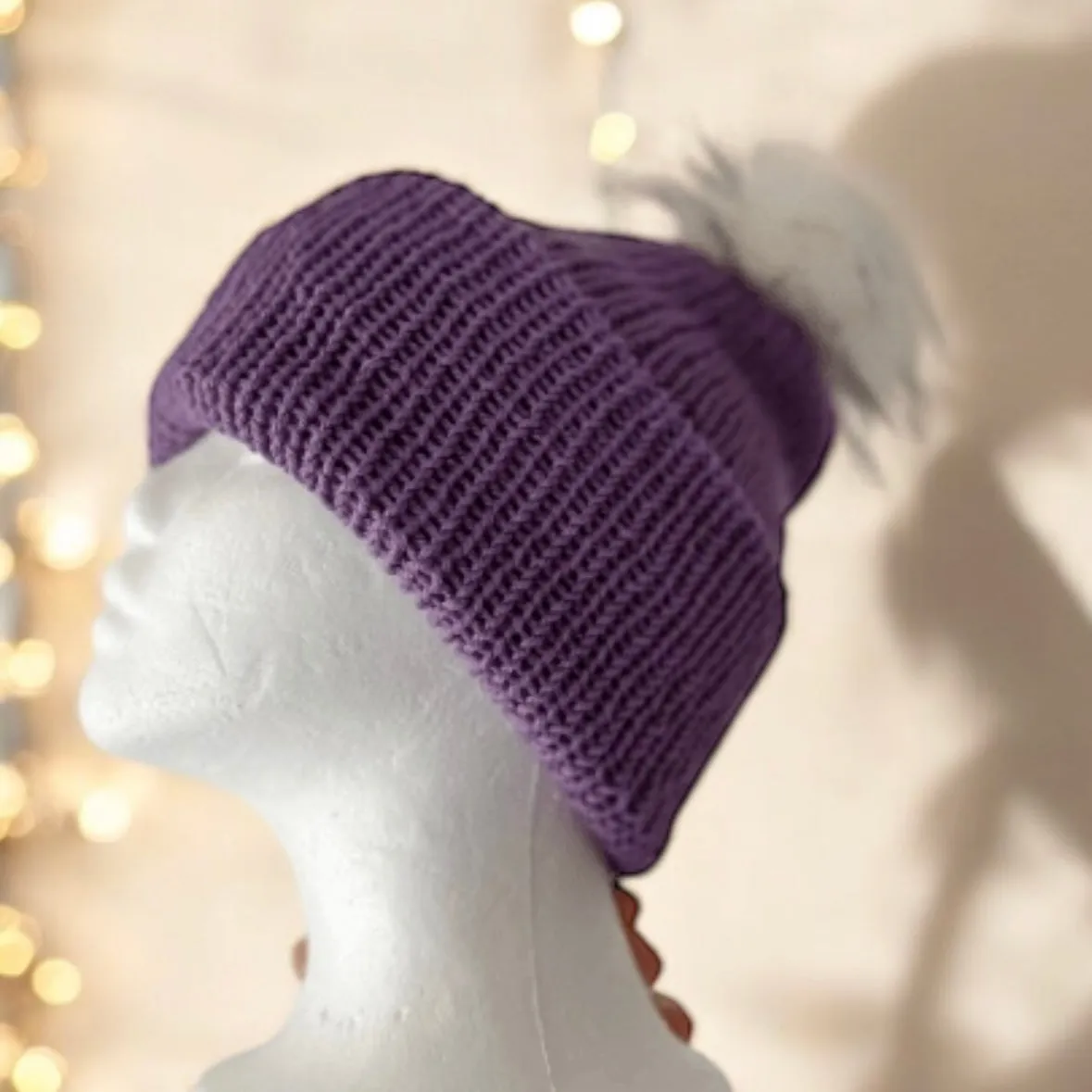 Handmade Double layered Knit beanie with faux fur pompom | Fur Pom Pom hat | Winter Knit Hat | Australian merino wool purple hat