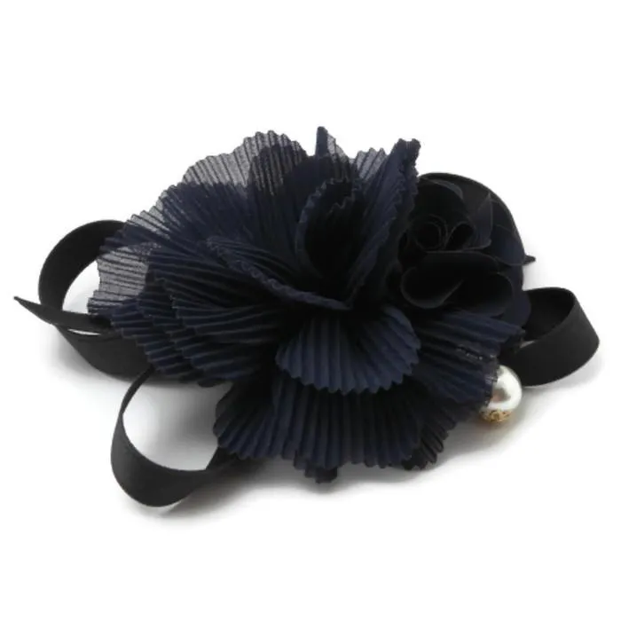 Handmade Pleat Flower Blossoms Black Bow Gift  Elastic Ponytail Holder