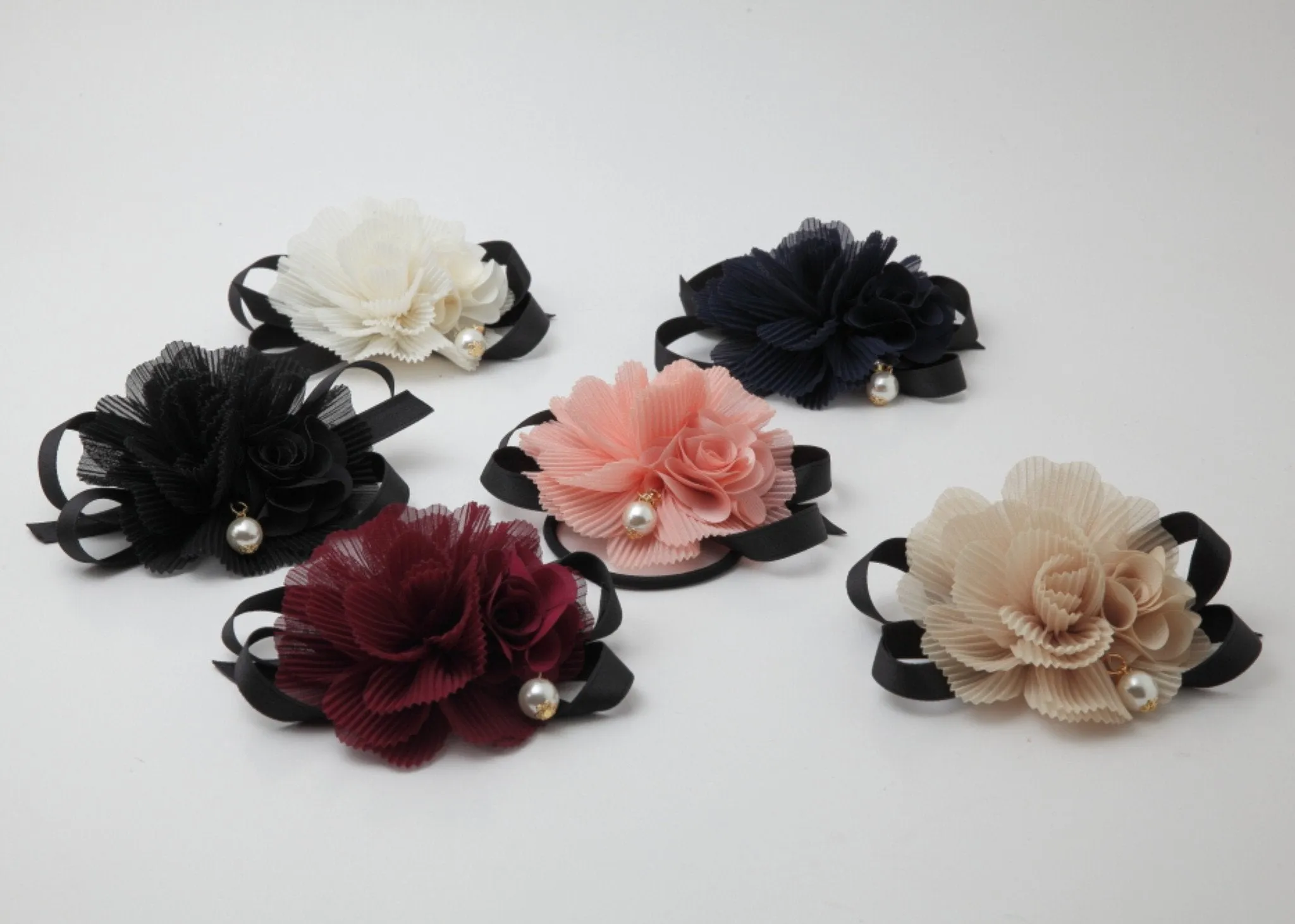 Handmade Pleat Flower Blossoms Black Bow Gift  Elastic Ponytail Holder