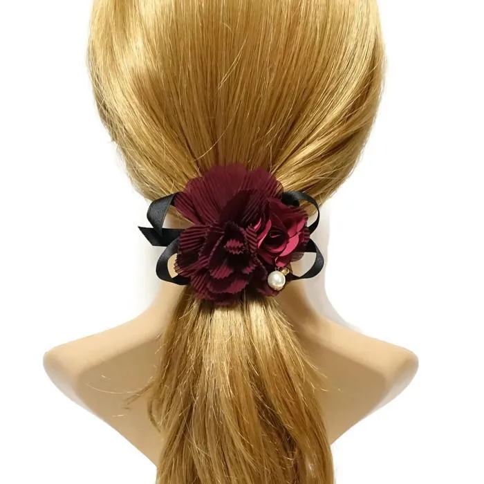 Handmade Pleat Flower Blossoms Black Bow Gift  Elastic Ponytail Holder