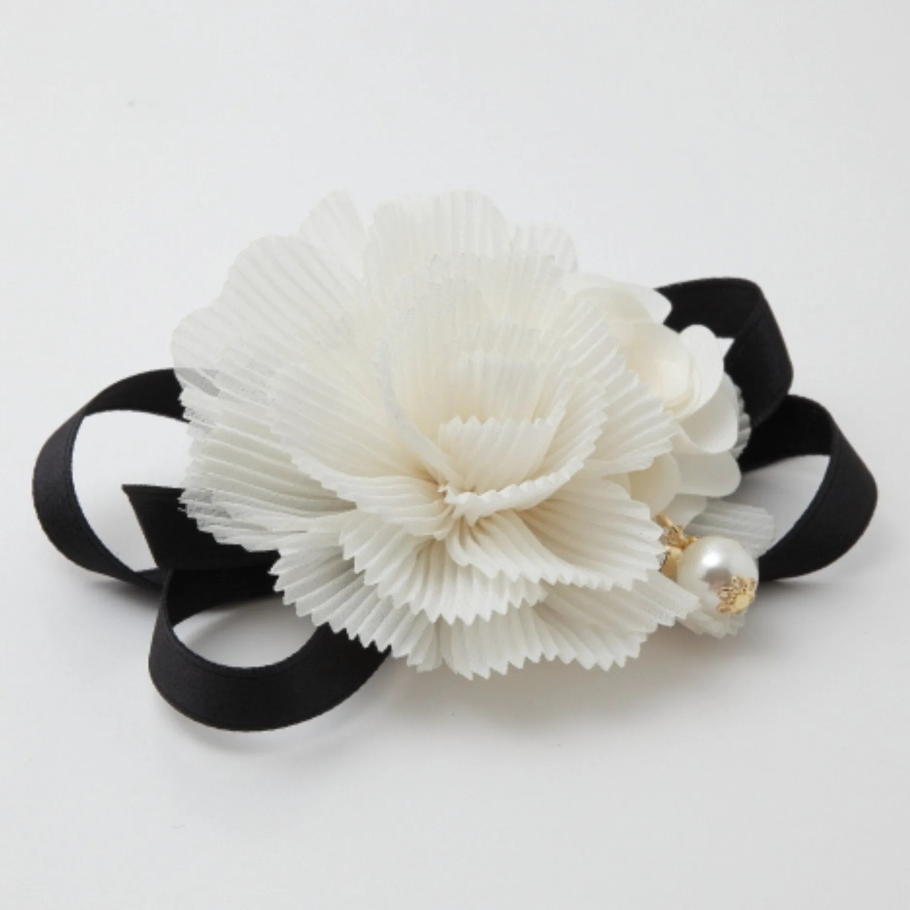 Handmade Pleat Flower Blossoms Black Bow Gift  Elastic Ponytail Holder