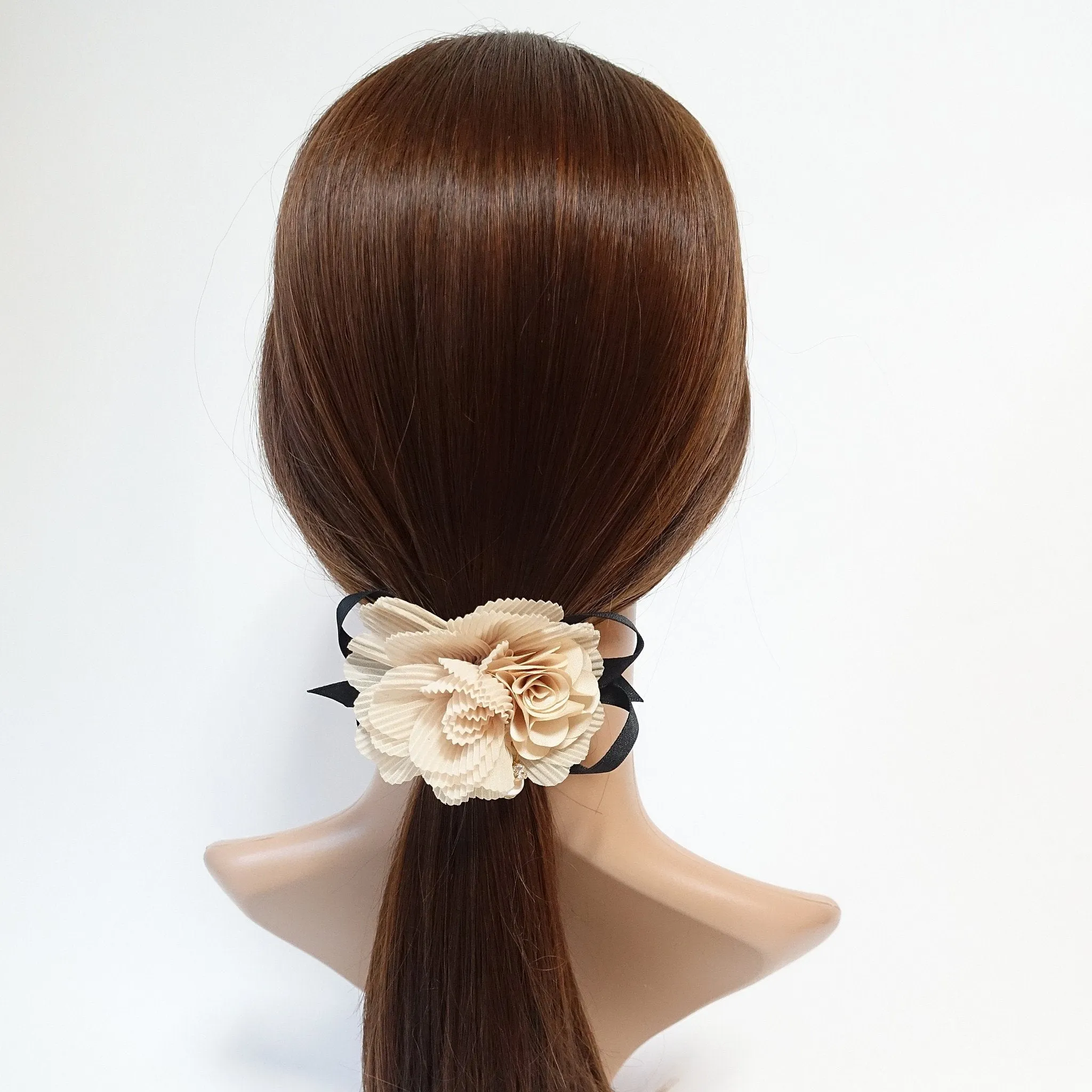 Handmade Pleat Flower Blossoms Black Bow Gift  Elastic Ponytail Holder