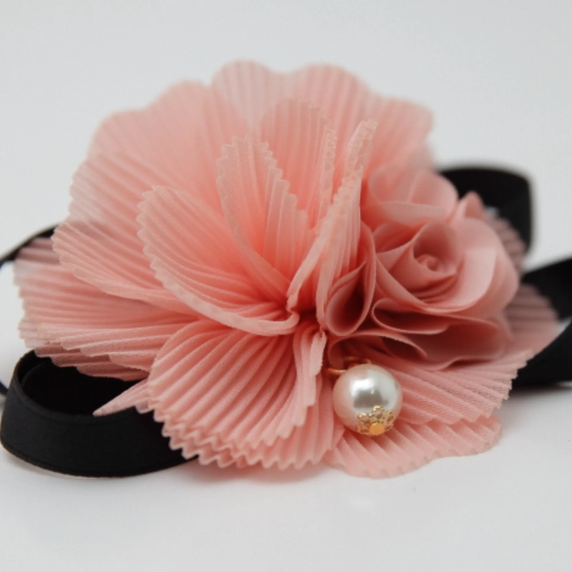 Handmade Pleat Flower Blossoms Black Bow Gift  Elastic Ponytail Holder