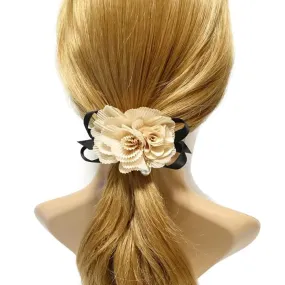 Handmade Pleat Flower Blossoms Black Bow Gift  Elastic Ponytail Holder