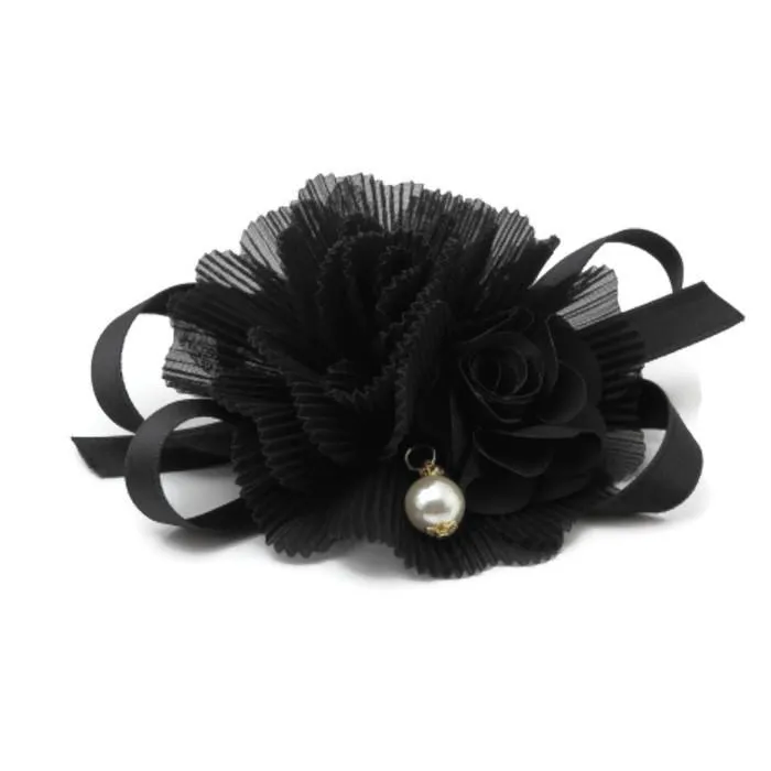 Handmade Pleat Flower Blossoms Black Bow Gift  Elastic Ponytail Holder