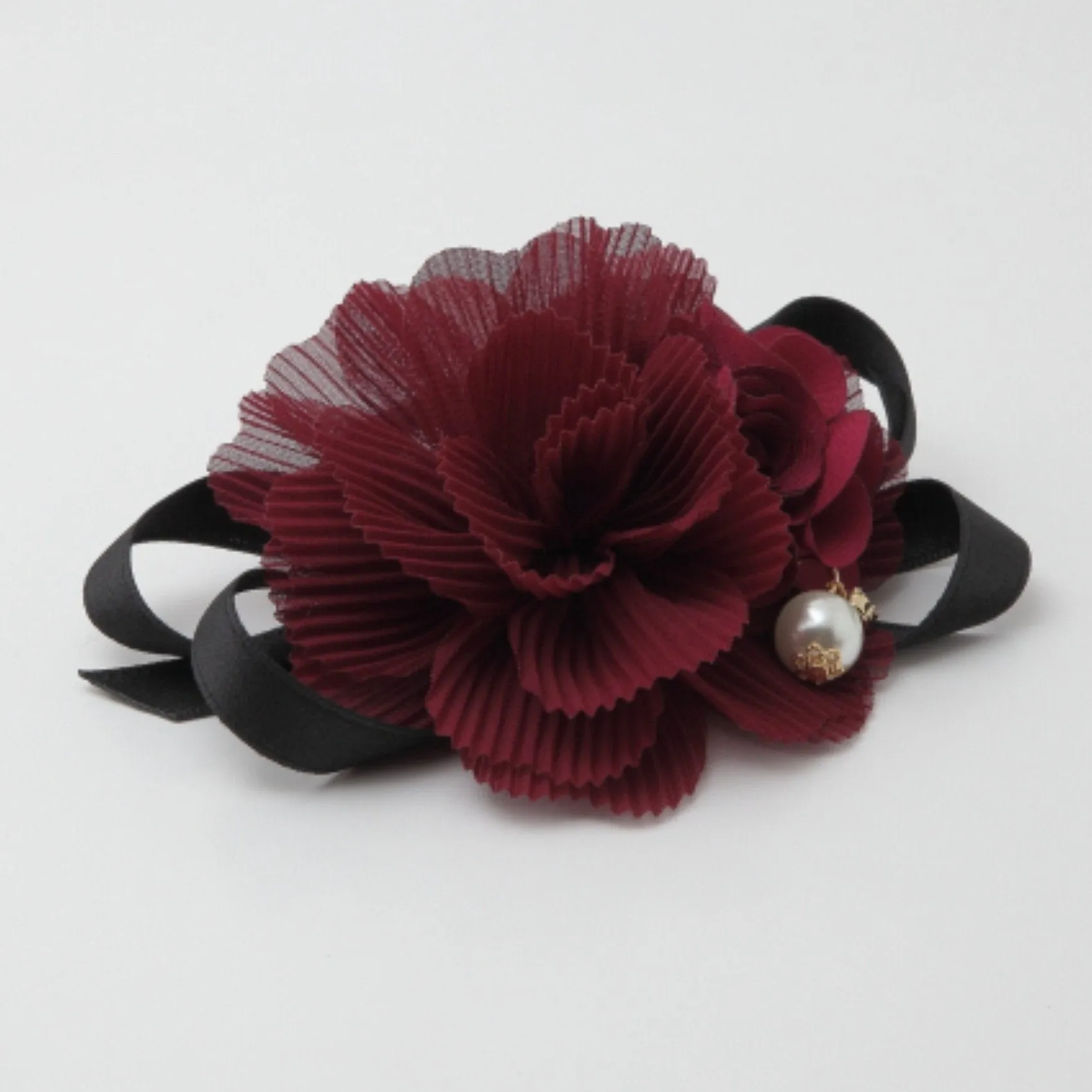 Handmade Pleat Flower Blossoms Black Bow Gift  Elastic Ponytail Holder