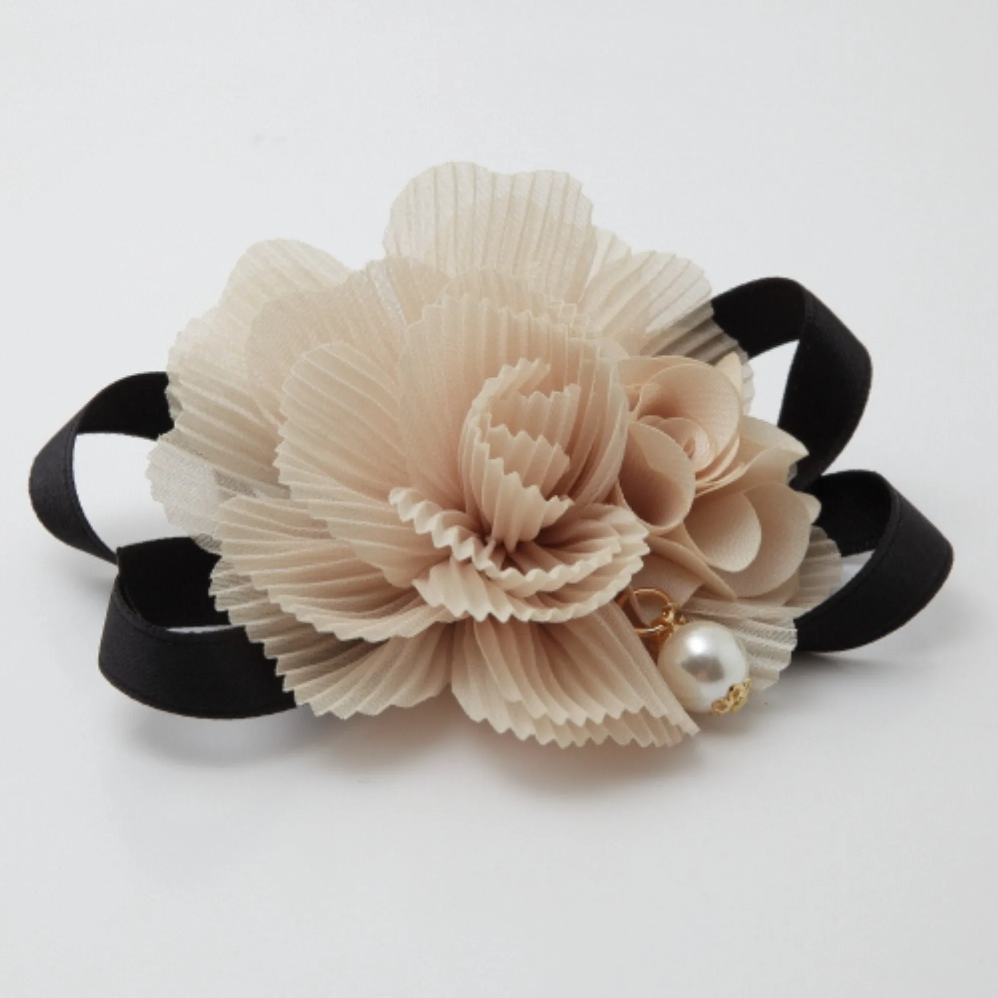 Handmade Pleat Flower Blossoms Black Bow Gift  Elastic Ponytail Holder