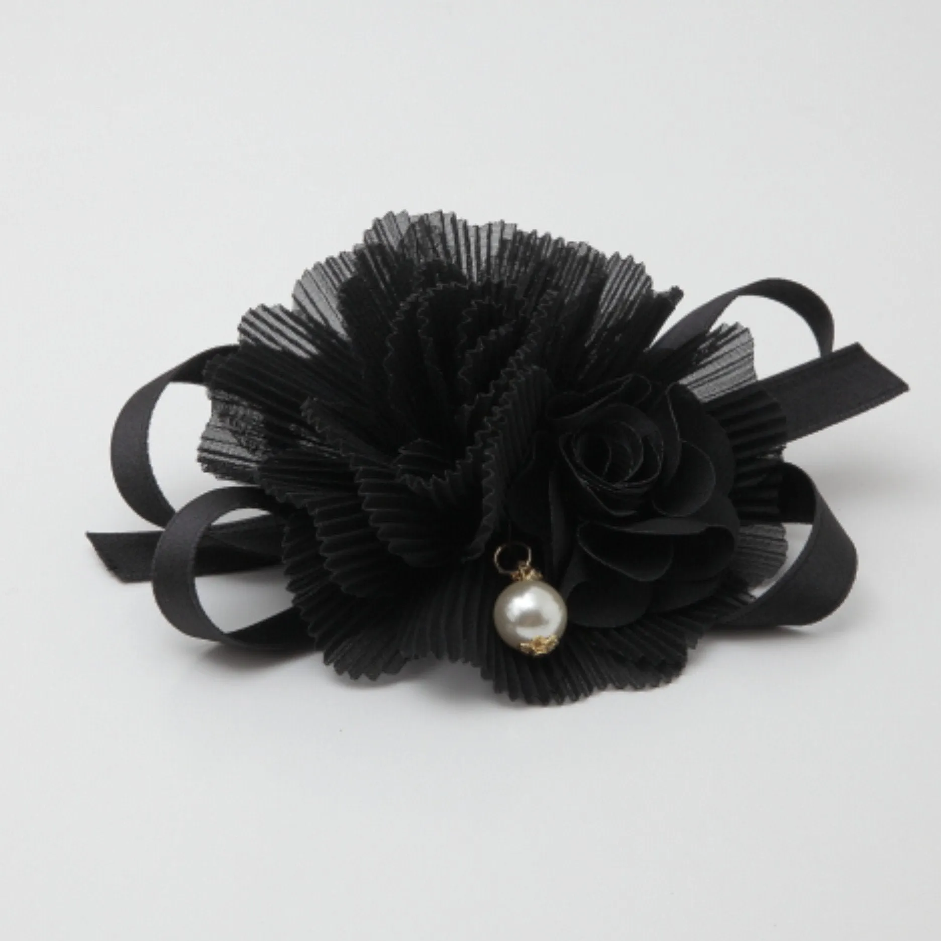 Handmade Pleat Flower Blossoms Black Bow Gift  Elastic Ponytail Holder