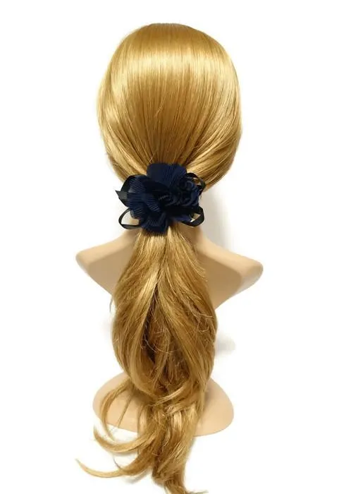 Handmade Pleat Flower Blossoms Black Bow Gift  Elastic Ponytail Holder