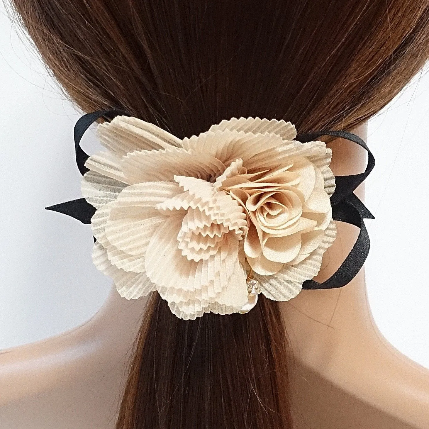 Handmade Pleat Flower Blossoms Black Bow Gift  Elastic Ponytail Holder