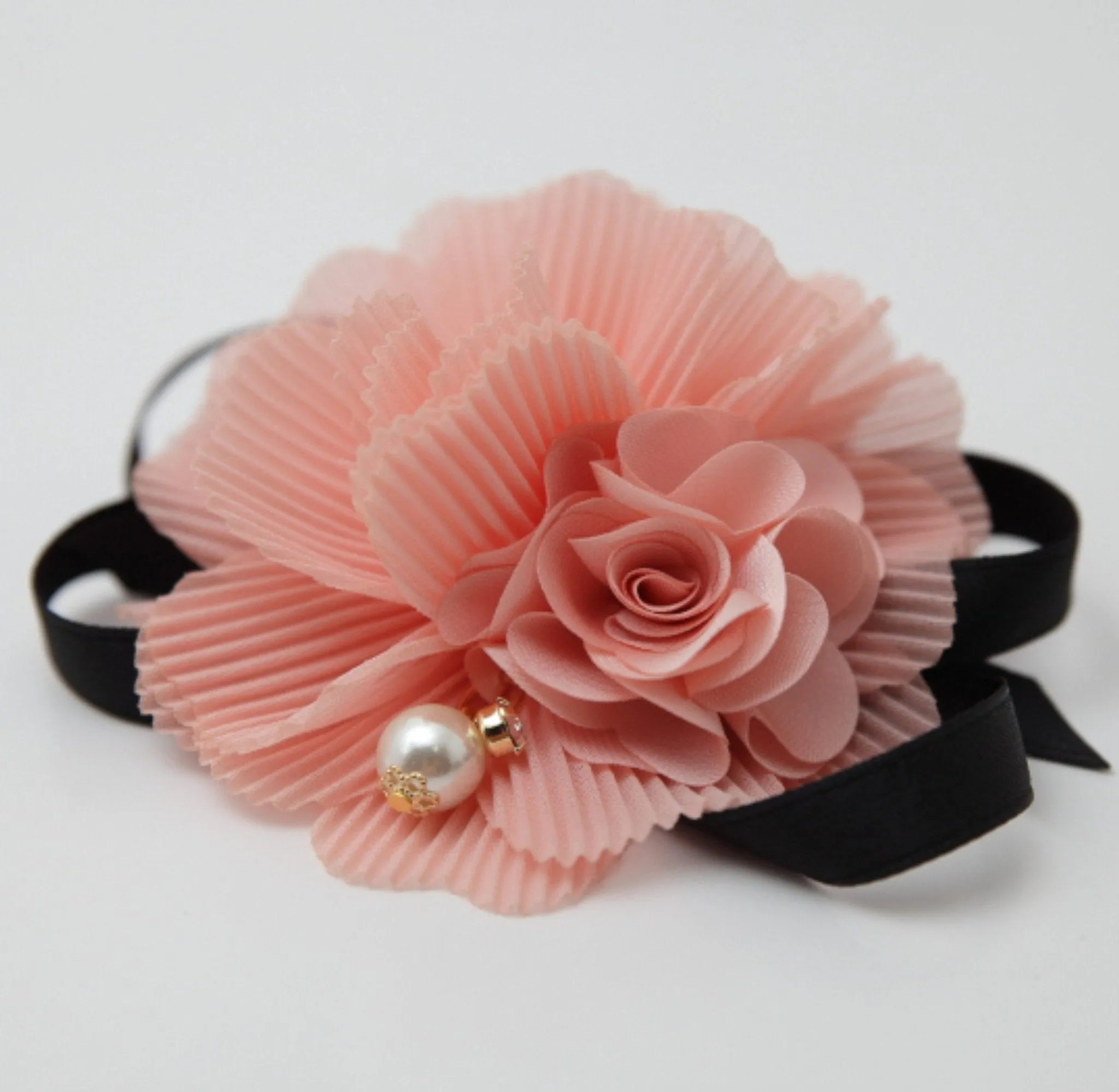 Handmade Pleat Flower Blossoms Black Bow Gift  Elastic Ponytail Holder