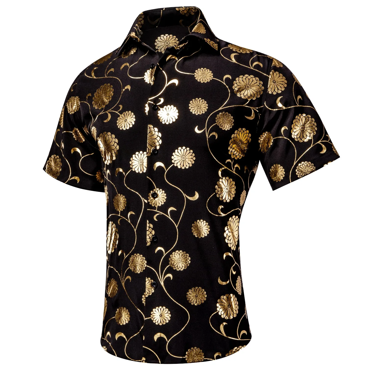 Hi-Tie Black Men's Top Champagne Flower Pattern  Short Sleeve Shirt