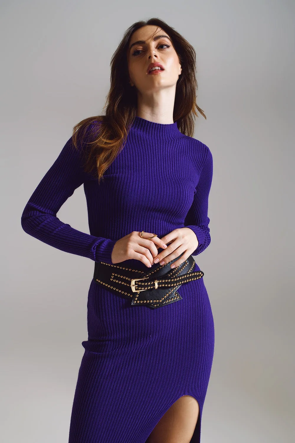 High Neck Maxi Knitted Dress In Purple