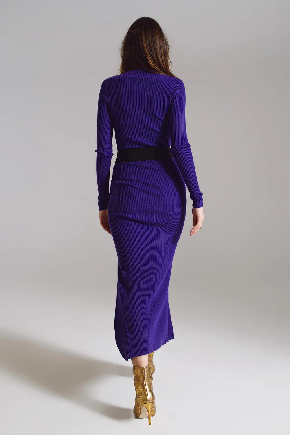 High Neck Maxi Knitted Dress In Purple