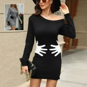 Ins Palm Print Design Winter Knit Dress Fashion Slant Shoulder Long Sleeve Bodycon Dress Women's Clothing