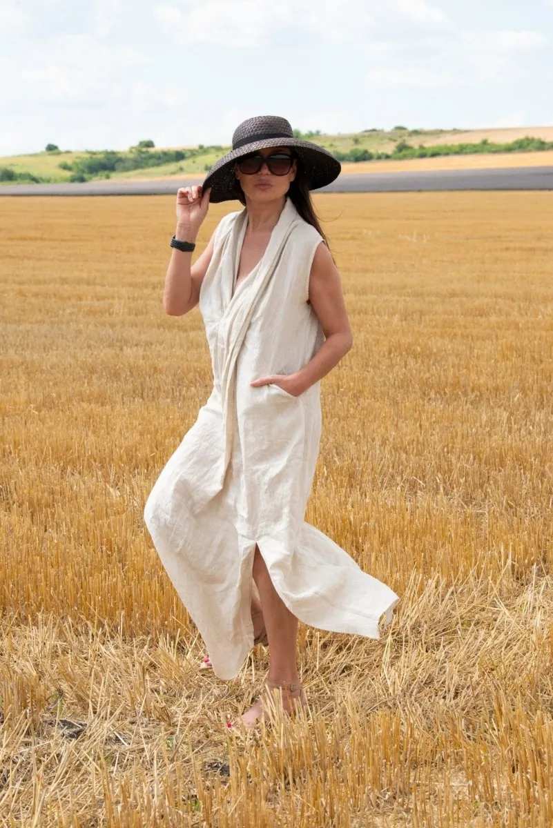 IVETA Linen V Neck Dress