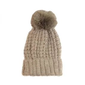 JOY SUSAN WAFFLE KNIT POM POM HAT KHAKI - WOMENS