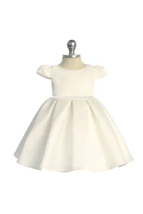 KD544C Ivory Satin Classic Pleated Baby Dress with Pearl Trim (3-24m)