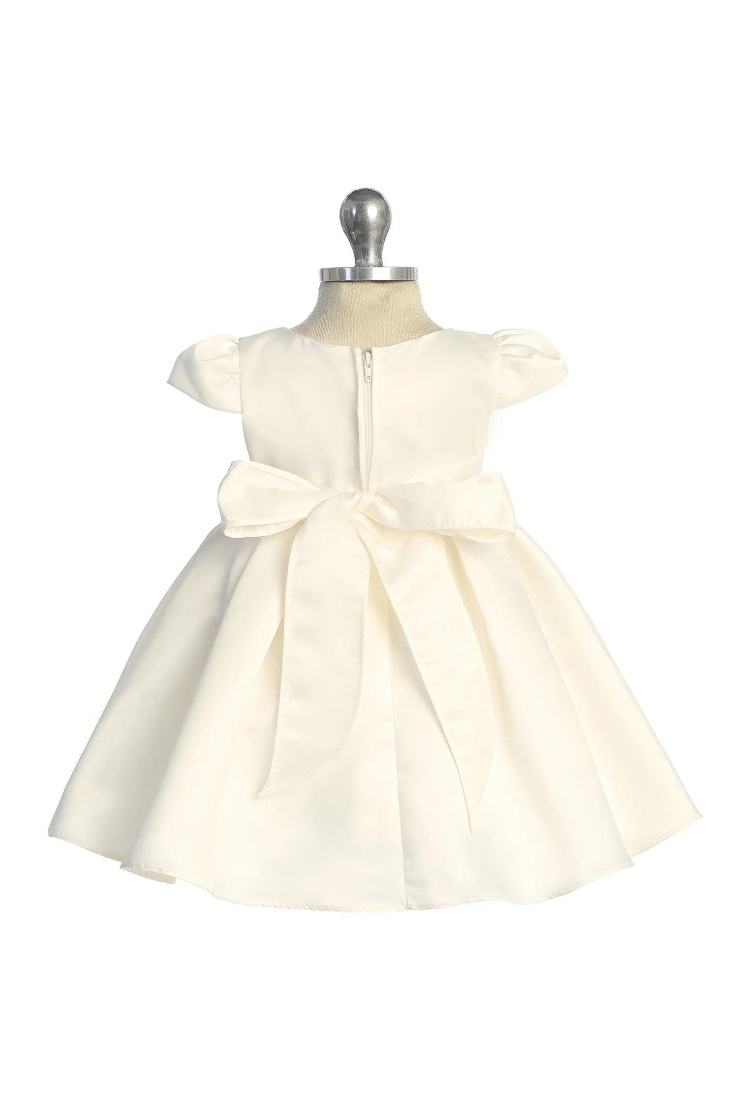 KD544C Ivory Satin Classic Pleated Baby Dress with Pearl Trim (3-24m)