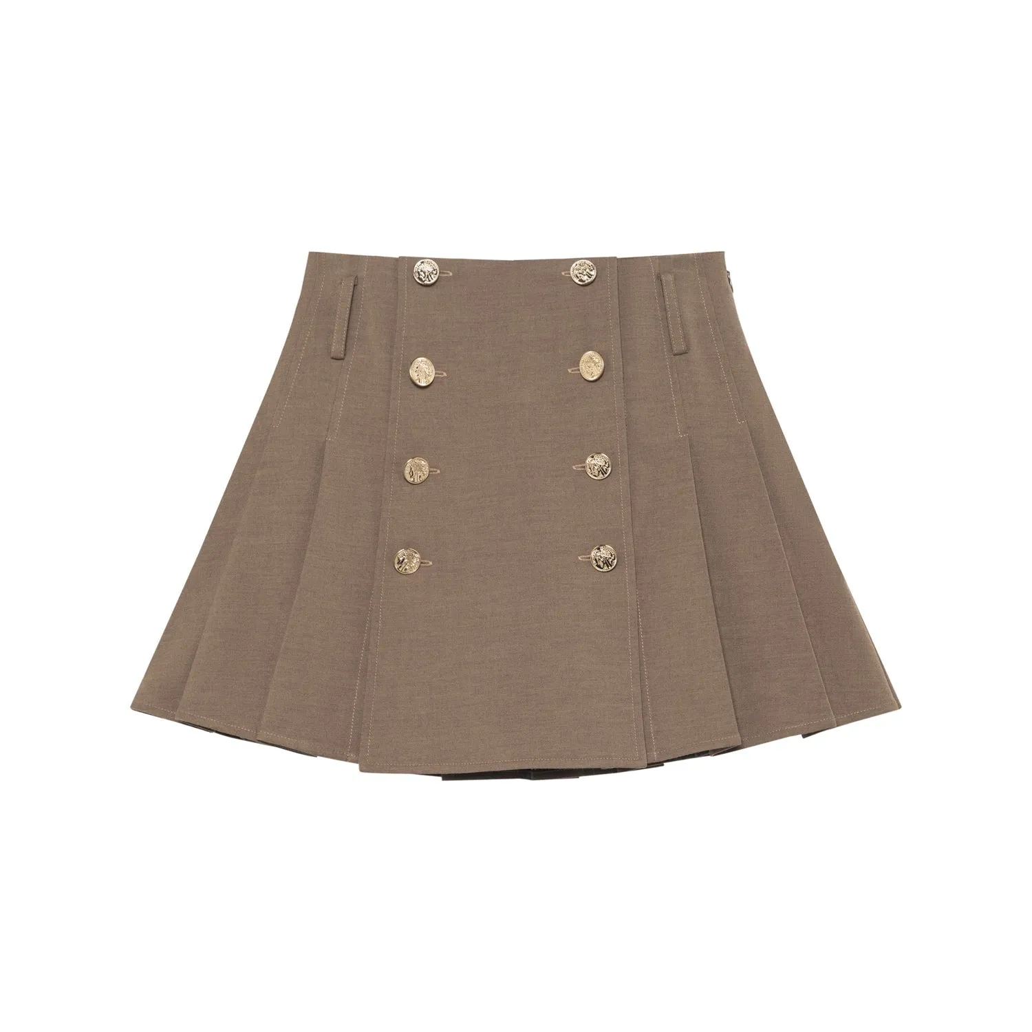 Khaki Button Pleated Short Skirt