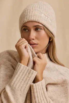 Knit Beanie Hat in Cream Marl