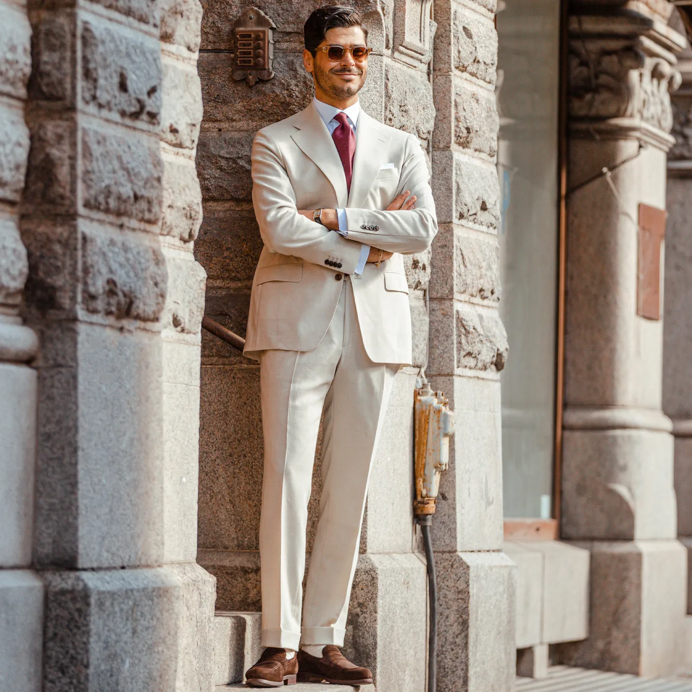 Light Beige Wool Linen Pleated Trousers