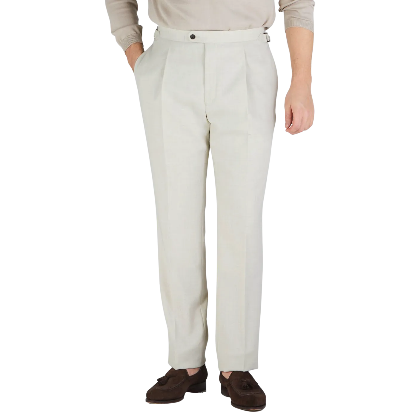 Light Beige Wool Linen Pleated Trousers