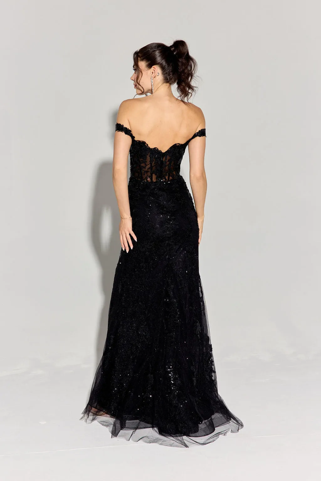 LINDSAY Off Shoulder Sheer Embroidery Fitted Prom & Formal Dress