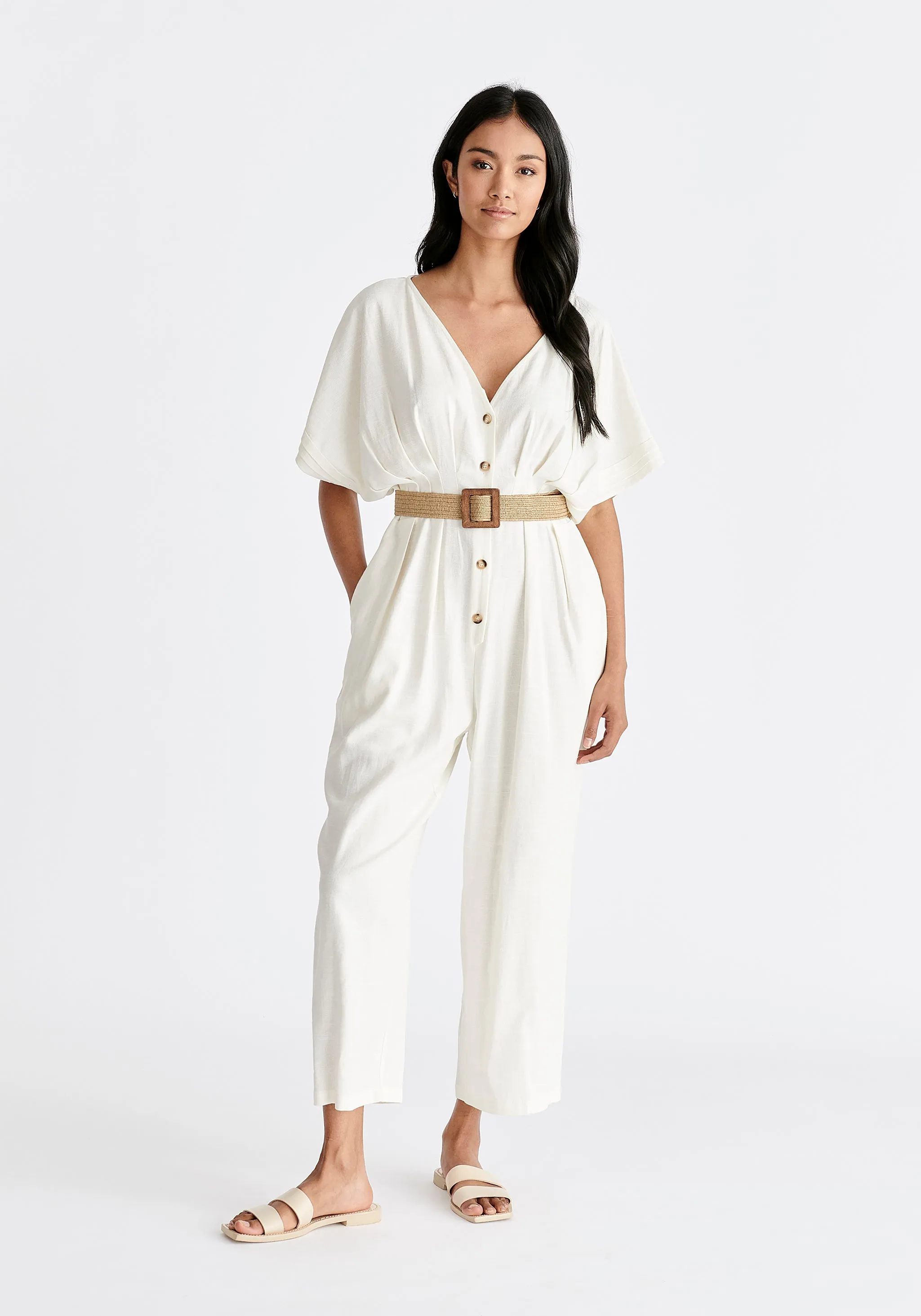 Linen Blend Button Jumpsuit