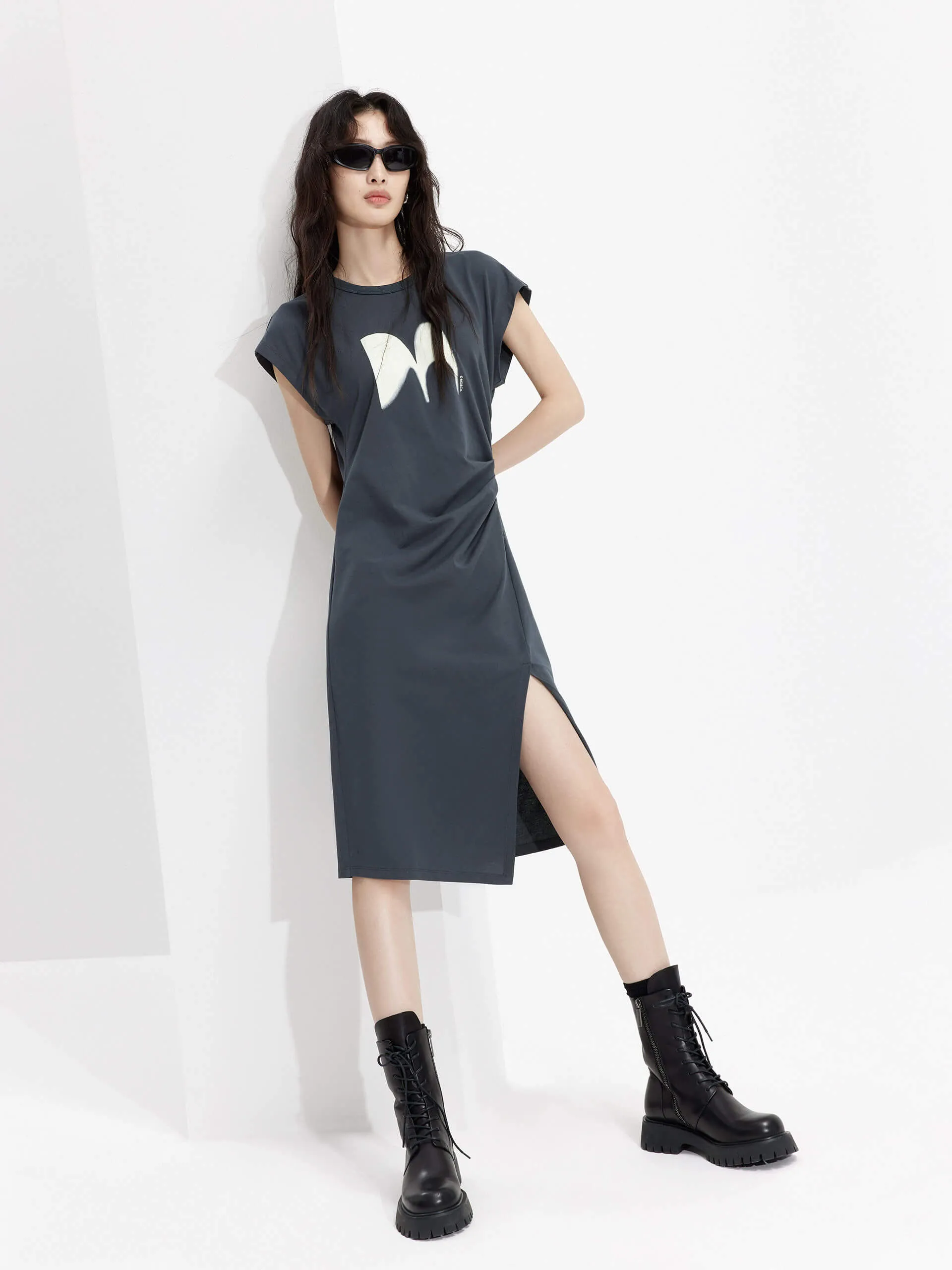 Logo Printed Pleated Dress