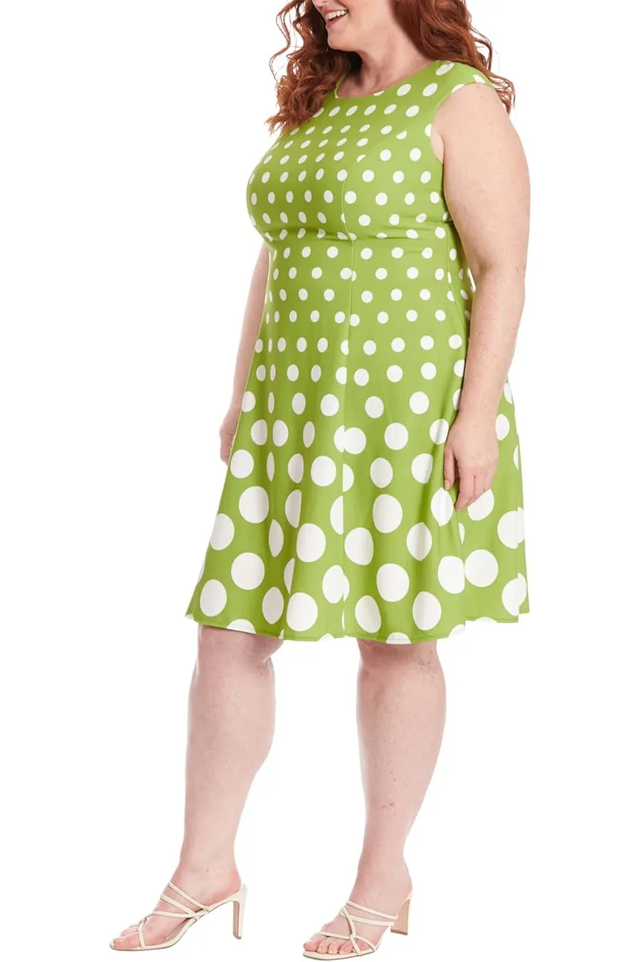 London Times Crew Neck Cap Sleeve Box Pleated Polka Dot Print Jersey Dress