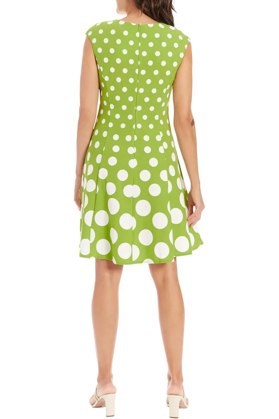 London Times Crew Neck Cap Sleeve Box Pleated Polka Dot Print Jersey Dress