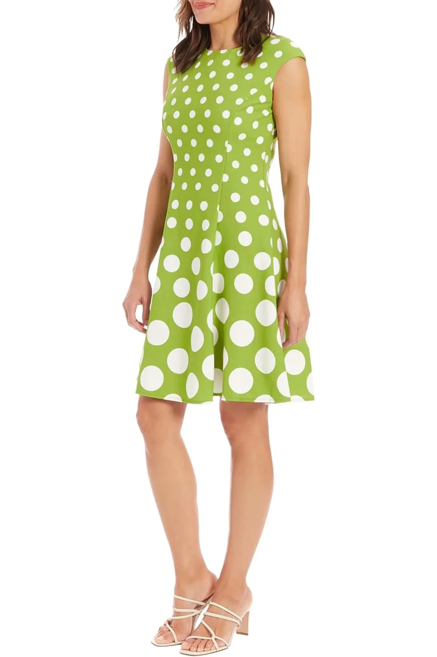 London Times Crew Neck Cap Sleeve Box Pleated Polka Dot Print Jersey Dress